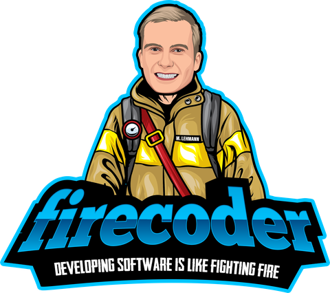 firecoder logo - cartoon firefighter with the tagline: developing software is like fighting fire